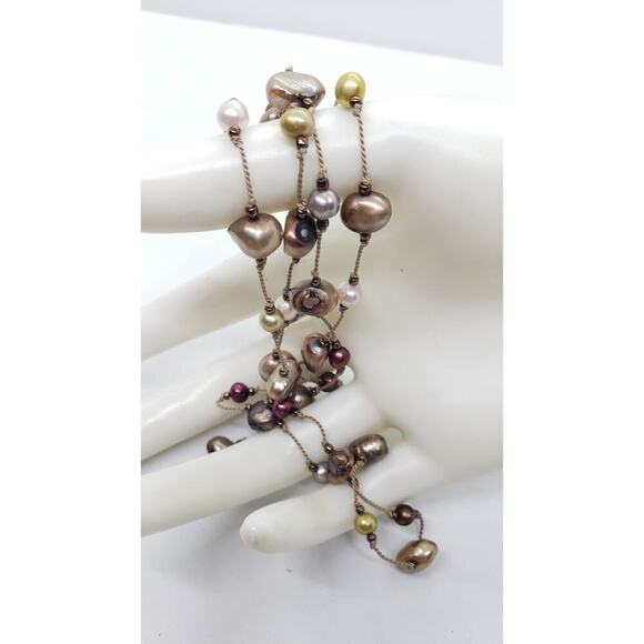 Genuine Pearl Necklace Super Long Freshwater Multi Color Hand Strung Baroque - Picture 5 of 11